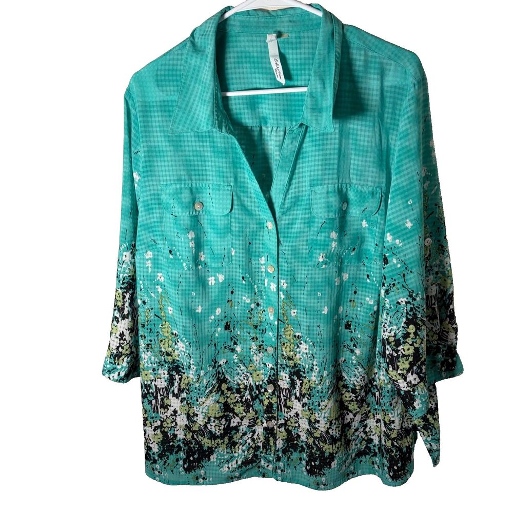 NY Collection Shirt Women's 2X Teal Button Up 3/4 Sleeve Sheer Floral Collared
